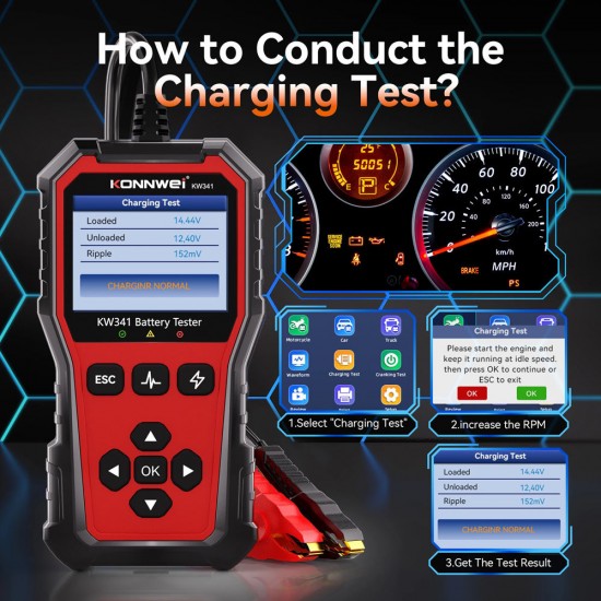 Konnwei KW341 Ψηφιακό Battery Tester με Κροκοδειλάκια