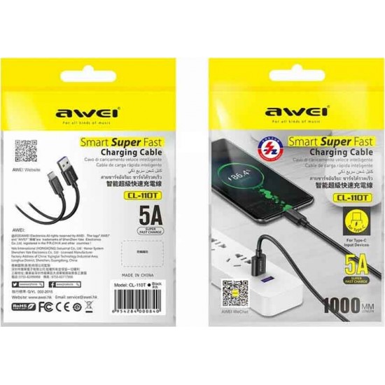 Awei CL-110T Regular USB 2.0 Cable USB-C male - USB-A male Μαύρο 1m  Awei CL-110T Regular USB 2.0 Cable USB-C male - USB-A male Μαύρο 1m