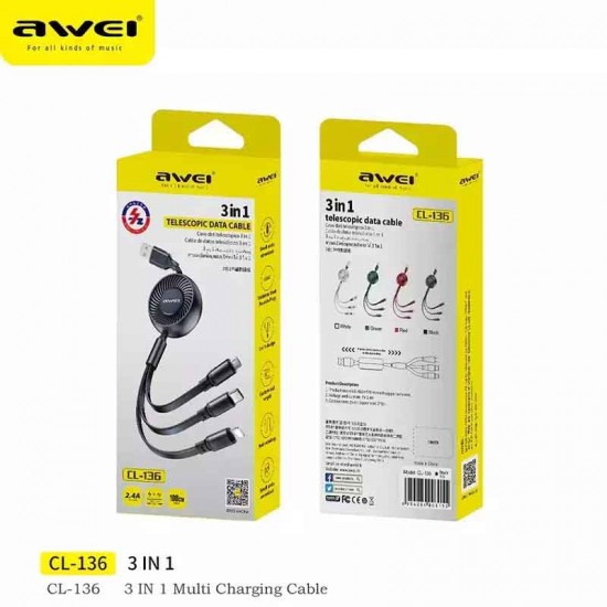 Awei CL-136 Flat / Retractable USB to Lightning / Type-C / micro USB Cable Μαύρο 1m Awei CL-136 Flat / Retractable USB to Lightning / Type-C / micro USB Cable Μαύρο 1m