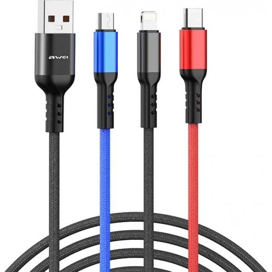 Awei CL-971 Braided USB to micro USB / Type-C / Lightning Cable 2.4A Μαύρο 1.2m Awei CL-971 Braided USB to micro USB / Type-C / Lightning Cable 2.4A Μαύρο 1.2m