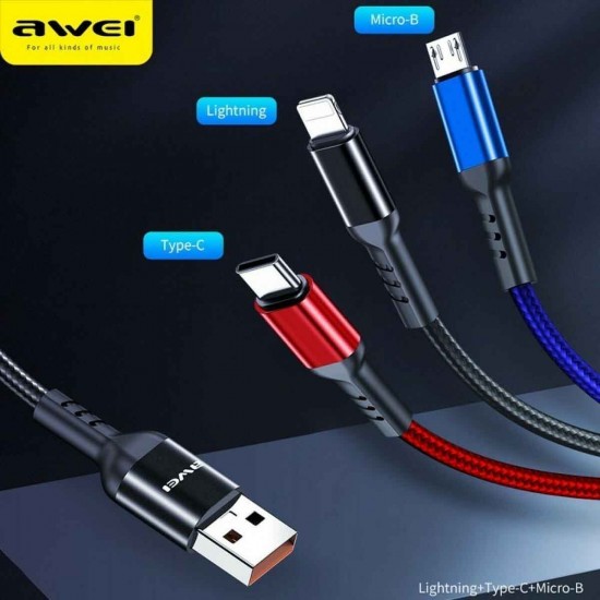 Awei CL-971 Braided USB to micro USB / Type-C / Lightning Cable 2.4A Μαύρο 1.2m Awei CL-971 Braided USB to micro USB / Type-C / Lightning Cable 2.4A Μαύρο 1.2m