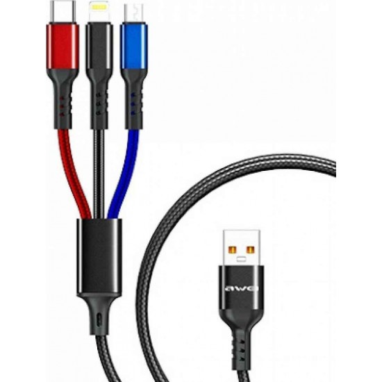 Awei CL-971 Braided USB to micro USB / Type-C / Lightning Cable 2.4A Μαύρο 1.2m Awei CL-971 Braided USB to micro USB / Type-C / Lightning Cable 2.4A Μαύρο 1.2m