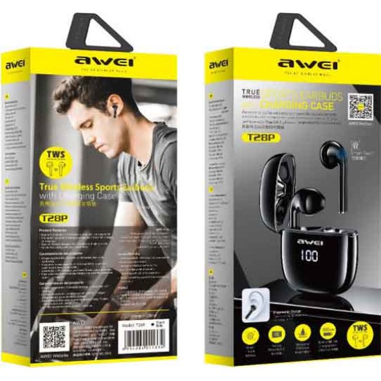 Awei T28P In-ear Bluetooth Handsfree Ακουστικά με Αντοχή στον Ιδρώτα και Θήκη Φόρτισης Μαύρα