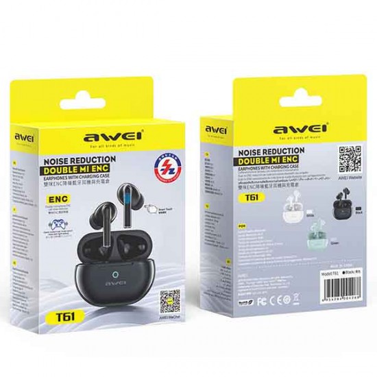 Awei T61 In-ear Bluetooth Handsfree Ακουστικά με Θήκη Φόρτισης Μαύρα