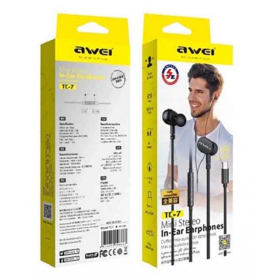 Awei TC-7 In-ear Handsfree με Βύσμα USB-C Μαύρο