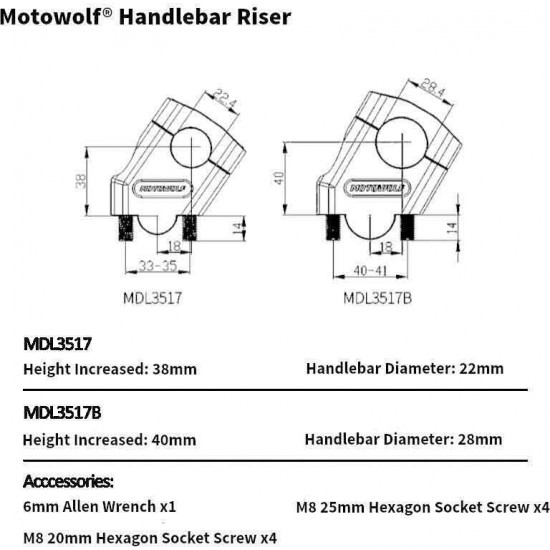 Motowolf 3517MDL Αποστάτες Τιμονιού 22mm Μαύροι