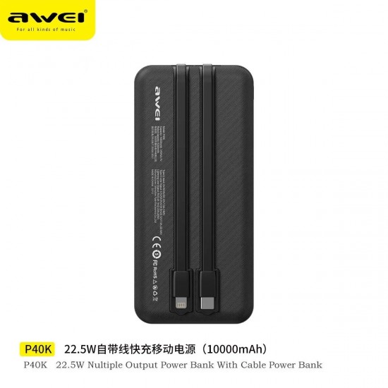 Powerbank AWEI P40K 10.000mAh, σε μαύρο χρώμα