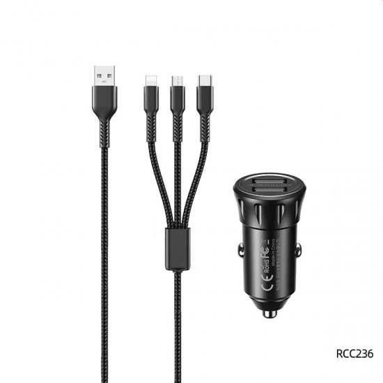 Remax RCC236 Φορτιστής αυτοκινήτου Μαύρος Vanguard Series 2.4A με 2xUSB και καλώδιο 3 σε 1 Remax RCC236 Φορτιστής αυτοκινήτου Μαύρος Vanguard Series 2.4A με 2xUSB και καλώδιο 3 σε 1