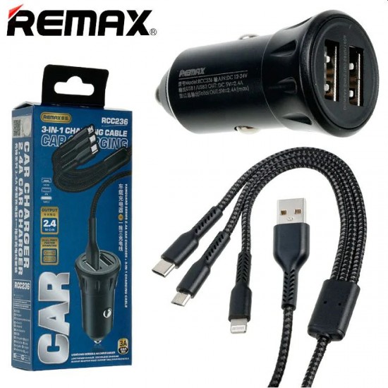 Remax RCC236 Φορτιστής αυτοκινήτου Μαύρος Vanguard Series 2.4A με 2xUSB και καλώδιο 3 σε 1 Remax RCC236 Φορτιστής αυτοκινήτου Μαύρος Vanguard Series 2.4A με 2xUSB και καλώδιο 3 σε 1