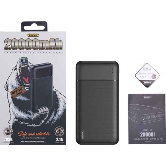 Remax RPP-166 Power Bank 20000mAh με 2 Θύρες USB-A Μαύρο