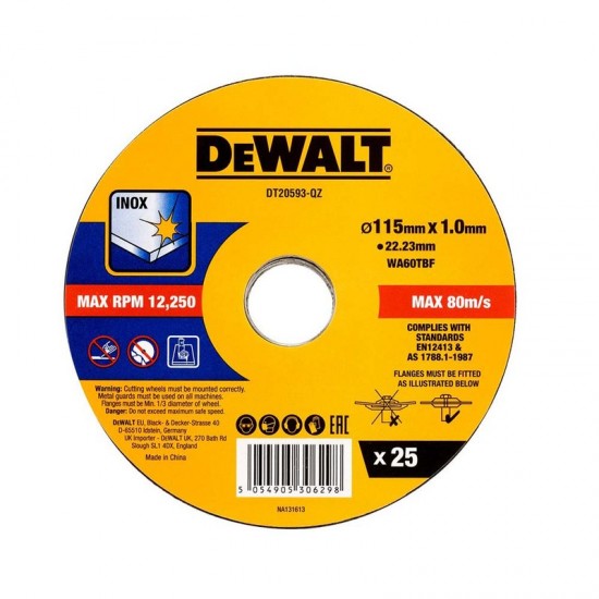 Dewalt DT20593 Δίσκος Κοπής Inox 115x1mm Σετ 25 τεμ