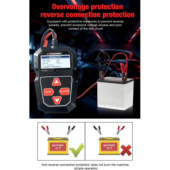 Konnwei KW208 Ψηφιακό Battery Tester με Κροκοδειλάκια 12V