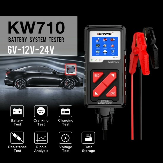 Konnwei KW710 Ελεγκτής Ανάλυσης Μπαταριών Ψηφιακό Battery Tester με Κροκοδειλάκια