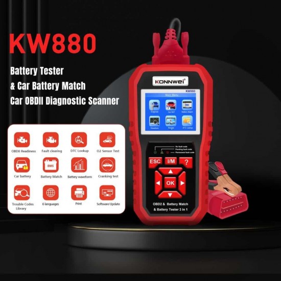 Konnwei KW880 Διαγνωστικό αυτοκινήτου και tester μπαταριών OBD II  Konnwei KW880 Διαγνωστικό αυτοκινήτου και tester μπαταριών OBD II
